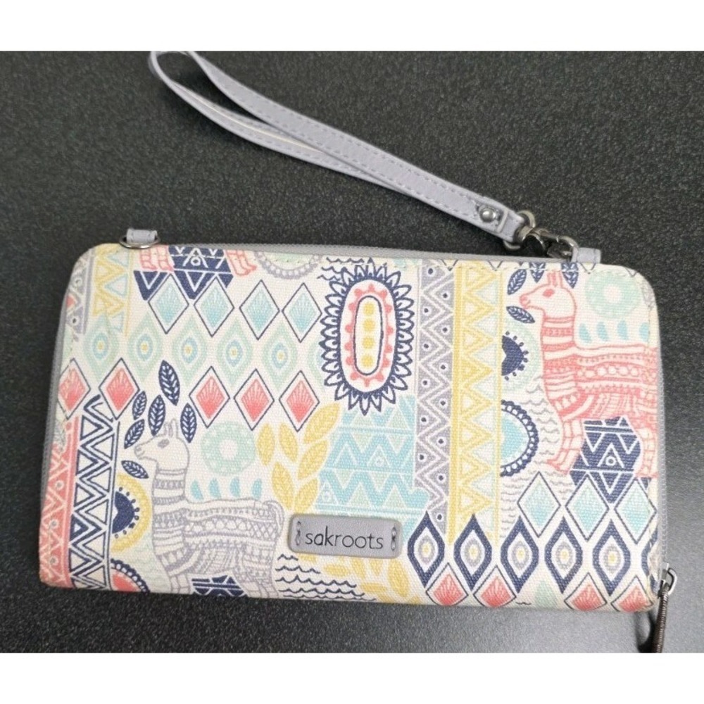 Sakroots Boho Wonderlust Wristlet Card Holder‎ Zip Around Artsy Grey Multi Print